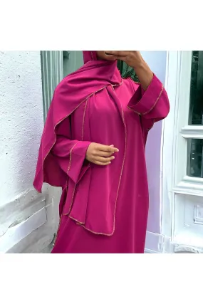 Robe abaya couleur fuchsia en soie de medine avec foulard  intégré 